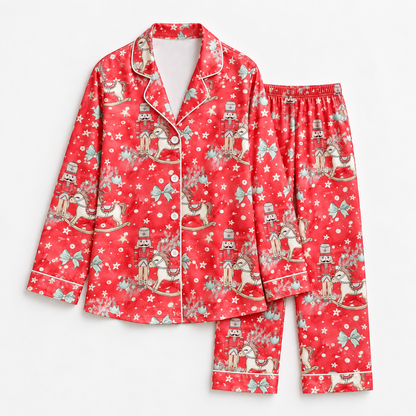 PJ-1894-Nutcracker Christmas Satin Pajama Set with Rocking Horses Bows Snowflakes and Festive Holiday Pattern for Cozy Sleepwear