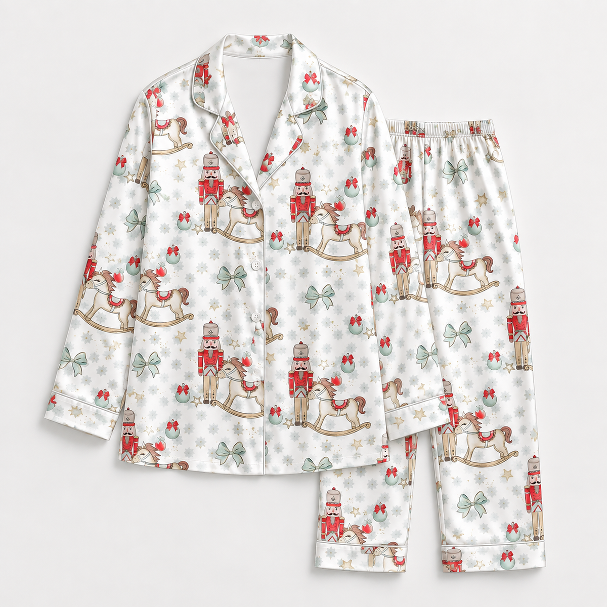 PJ-1895-Nutcracker Christmas Satin Pajama Set with Rocking Horses Ornaments Bows and Classic Winter Holiday Pattern for Cozy Sleepwear
