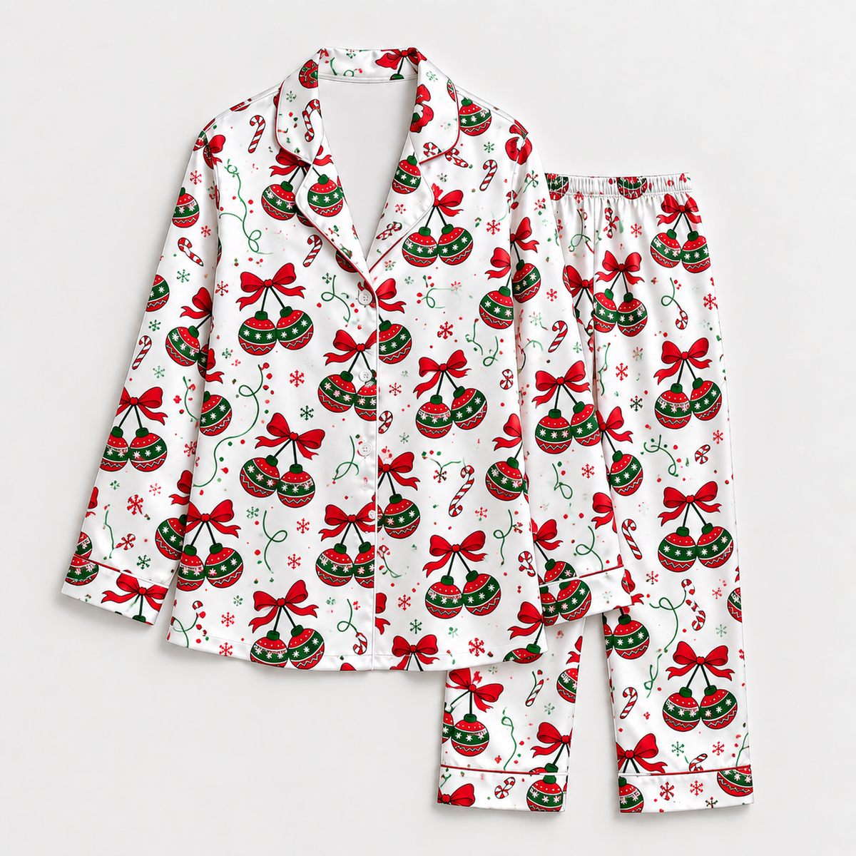 PJ-1897-Christmas Ornament Satin Pajama Set with Red Bows Candy Canes Snowflakes and Festive Holiday Pattern for Cozy Sleepwear