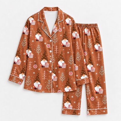 PJ-1898-Christmas Gnome Satin Pajama Set with Gift Boxes Winter Trees Ornaments Snowflakes and Cozy Festive Holiday Pattern
