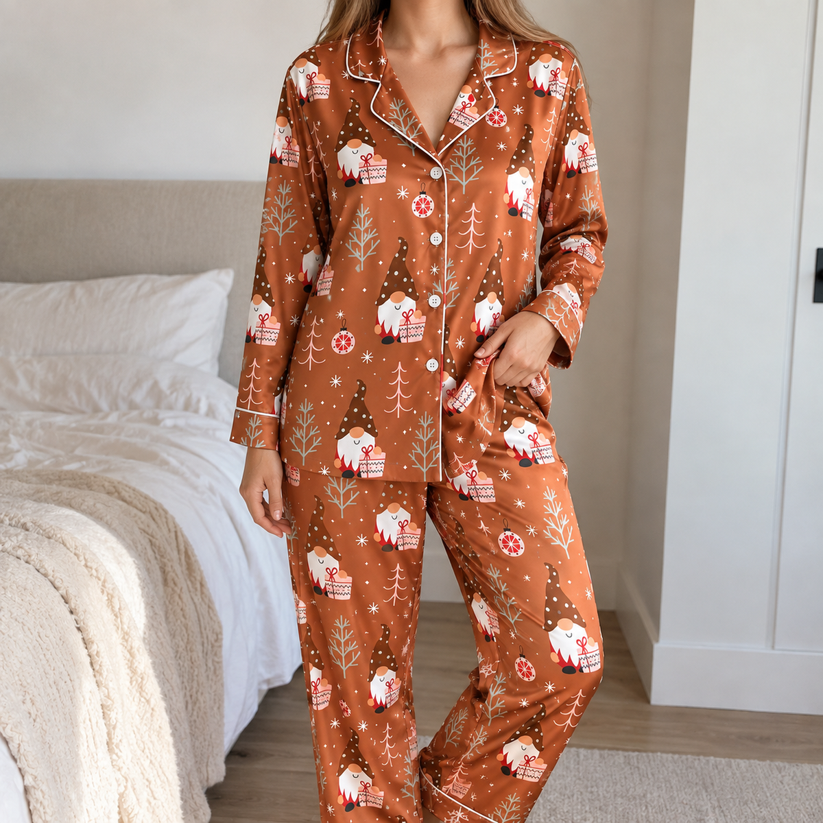 PJ-1898-Christmas Gnome Satin Pajama Set with Gift Boxes Winter Trees Ornaments Snowflakes and Cozy Festive Holiday Pattern