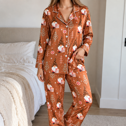 PJ-1898-Christmas Gnome Satin Pajama Set with Gift Boxes Winter Trees Ornaments Snowflakes and Cozy Festive Holiday Pattern