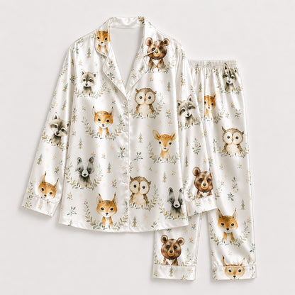 PJ-190-Cute Forest Animal Satin Sleepwear Set With Button Up Shirt And Soft Matching Pajama Bottoms FREE SHIPING