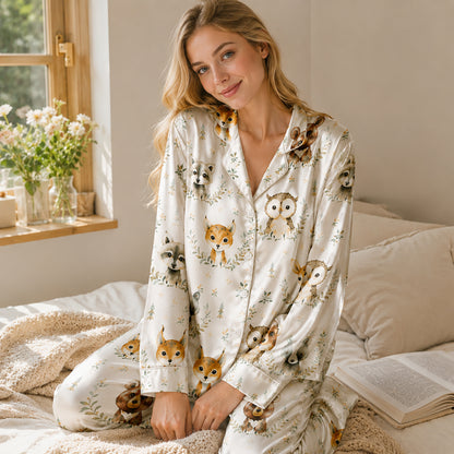 PJ-190-Cute Forest Animal Satin Sleepwear Set With Button Up Shirt And Soft Matching Pajama Bottoms FREE SHIPING