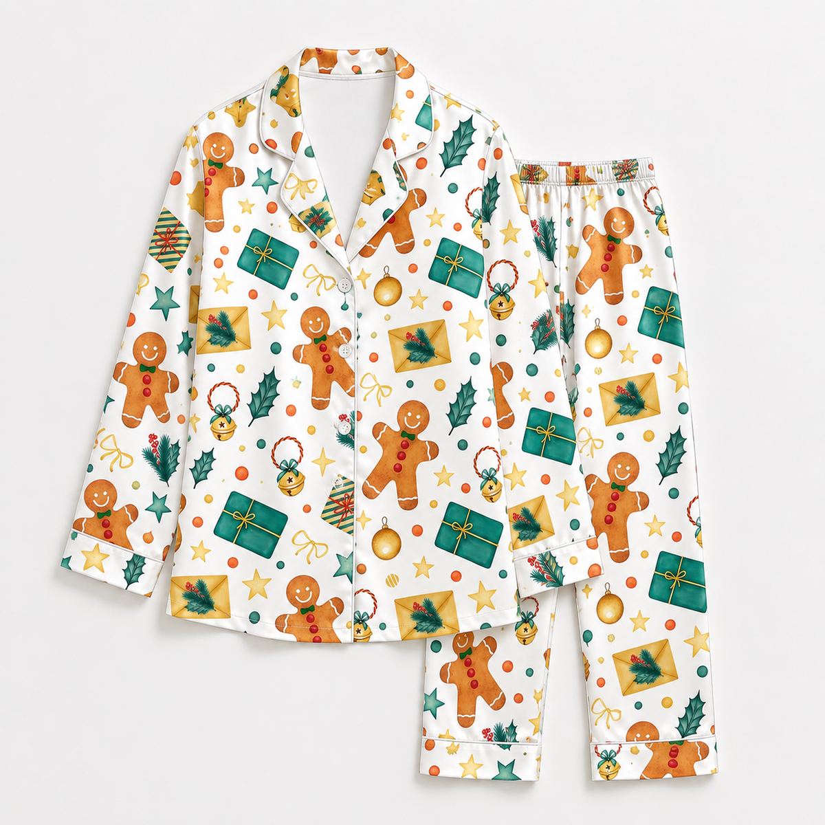 PJ-1900-Gingerbread Christmas Satin Pajama Set with Holly Gifts Ornaments Stars and Festive Holiday Pattern for Cozy Sleepwear