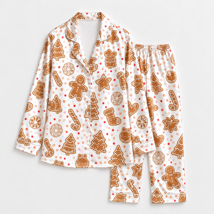 PJ-1901-Gingerbread Cookie Christmas Satin Pajama Set with Trees Snowflakes Ornaments and Festive Holiday Treat Pattern for Cozy Sleepwear
