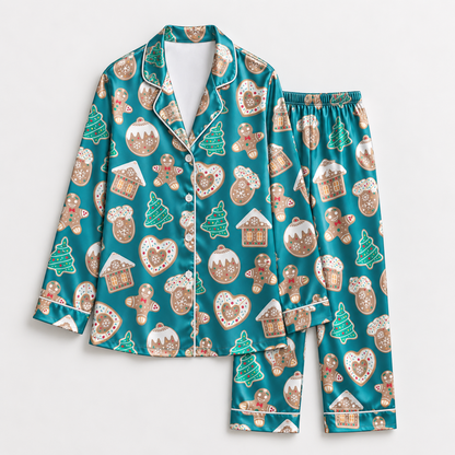 PJ-1902-Gingerbread Christmas Satin Pajama Set with Cookies Houses Trees Hearts and Festive Holiday Treat Pattern for Cozy Sleepwear