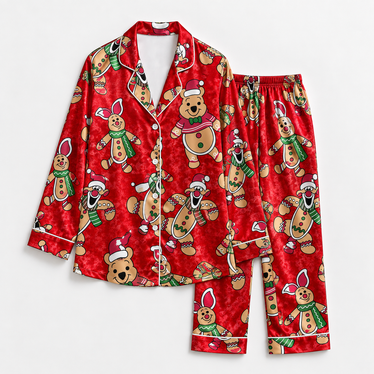 PJ-1903-Christmas Gingerbread Bear Satin Pajama Set, Red Festive Holiday Cookie Sleepwear Gift