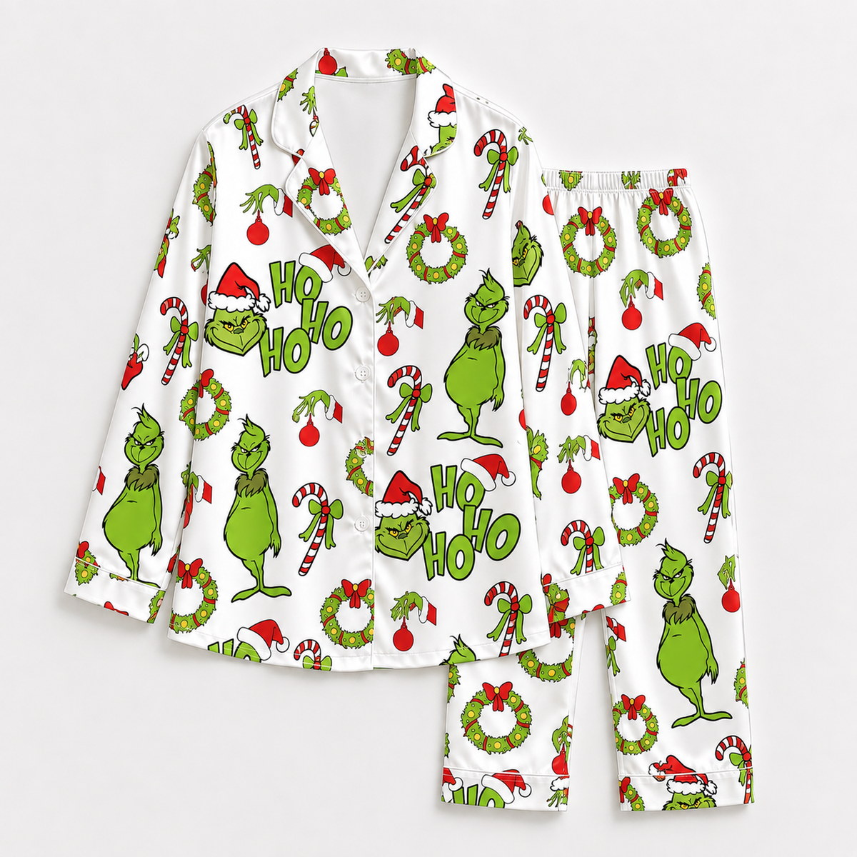 PJ-1909-Grinch Christmas Satin Pajama Set, Ho Ho Ho Candy Cane Wreath Holiday Sleepwear