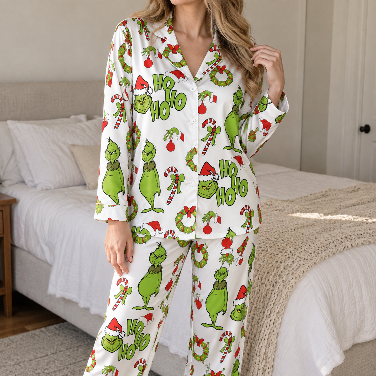 PJ-1909-Grinch Christmas Satin Pajama Set, Ho Ho Ho Candy Cane Wreath Holiday Sleepwear