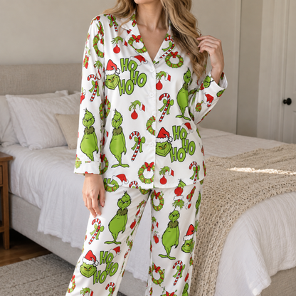 PJ-1909-Grinch Christmas Satin Pajama Set, Ho Ho Ho Candy Cane Wreath Holiday Sleepwear