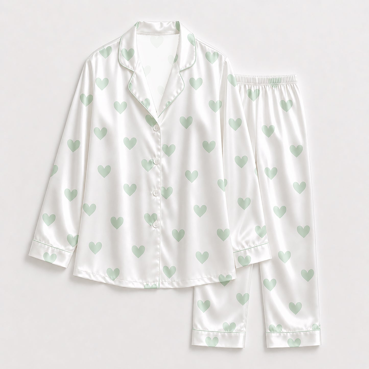 PJ-191-Heart Graphic Satin Pajama Set, White Multicolor Mint Green Valentine Loungewear Sleepwear Collection FREE SHIPING