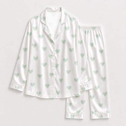 PJ-191-Heart Graphic Satin Pajama Set, White Multicolor Mint Green Valentine Loungewear Sleepwear Collection FREE SHIPING