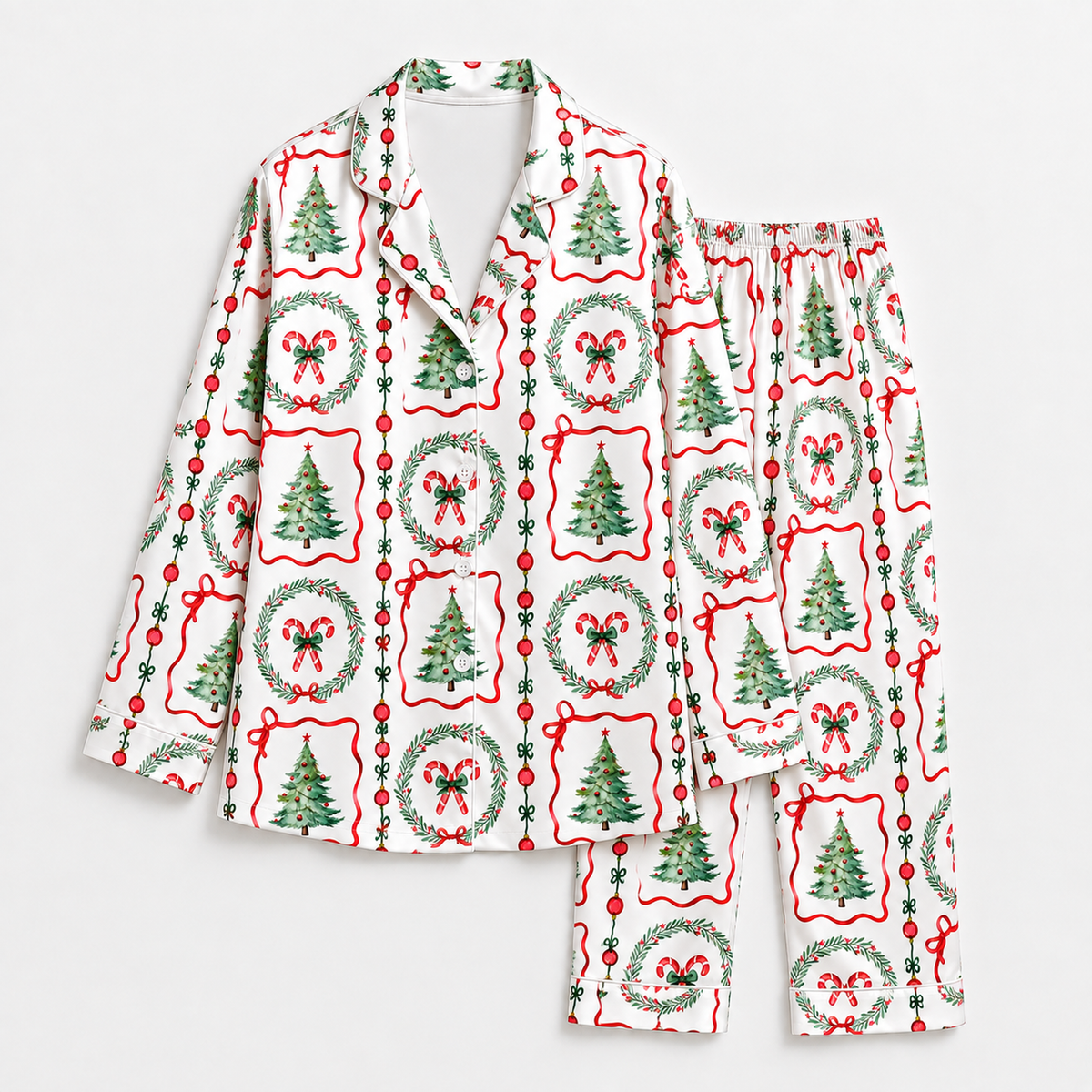 PJ-1912-Christmas Wreath Satin Pajama Set with Christmas Trees Candy Canes Bows Ornaments and Vintage Holiday Pattern for Cozy Sleepwear