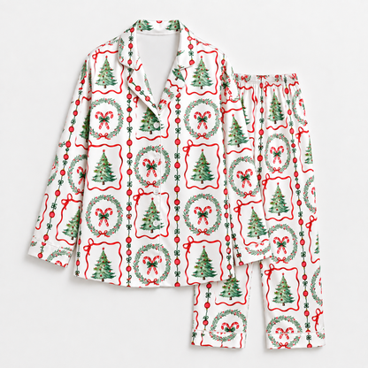 PJ-1912-Christmas Wreath Satin Pajama Set with Christmas Trees Candy Canes Bows Ornaments and Vintage Holiday Pattern for Cozy Sleepwear