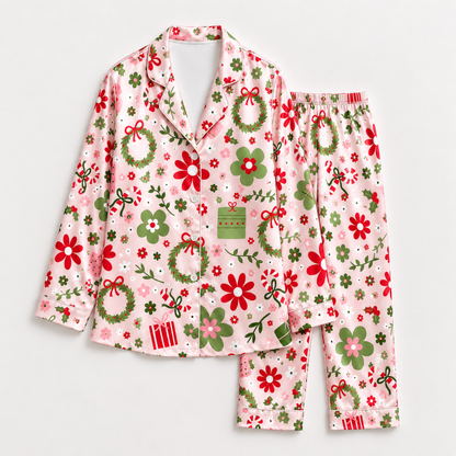 PJ-1914-Christmas Wreath Satin Pajama Set with Bows Flowers Gifts Candy Canes and Festive Botanical Holiday Pattern for Cozy Sleepwear