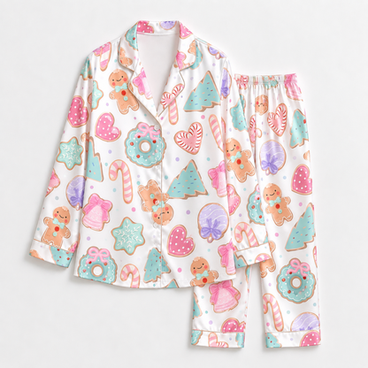PJ-1915-Pastel Christmas Cookie Satin Pajama Set with Gingerbread Candy Canes Donuts Trees Hearts and Sweet Holiday Pattern for Cozy Sleepwear