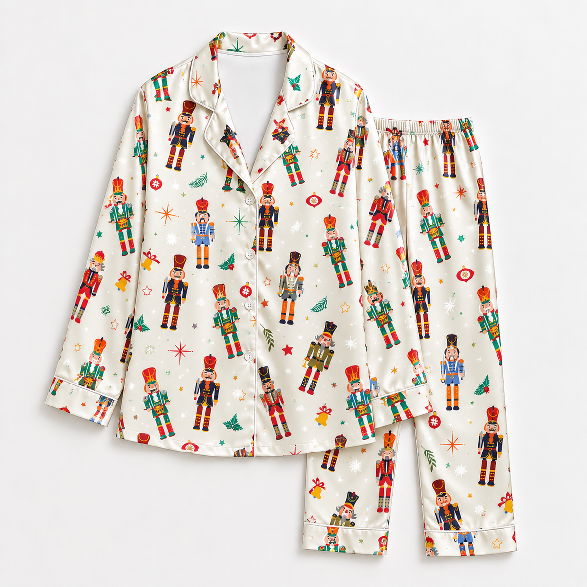 PJ-1916-Nutcracker Christmas Satin Pajama Set with Colorful Toy Soldiers Trees Stars and Festive Holiday Pattern for Cozy Sleepwear