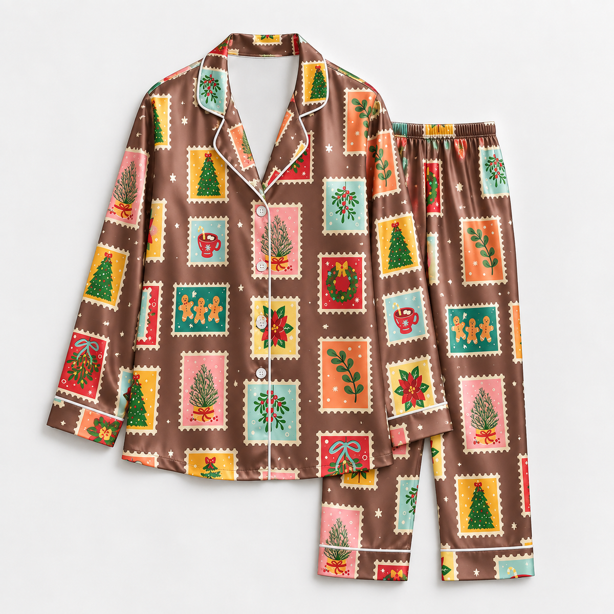 PJ-1917-Christmas Postage Stamp Satin Pajama Set with Trees Gingerbread Wreaths Poinsettias and Vintage Holiday Pattern for Cozy Sleepwear