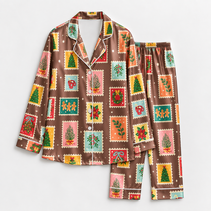 PJ-1917-Christmas Postage Stamp Satin Pajama Set with Trees Gingerbread Wreaths Poinsettias and Vintage Holiday Pattern for Cozy Sleepwear