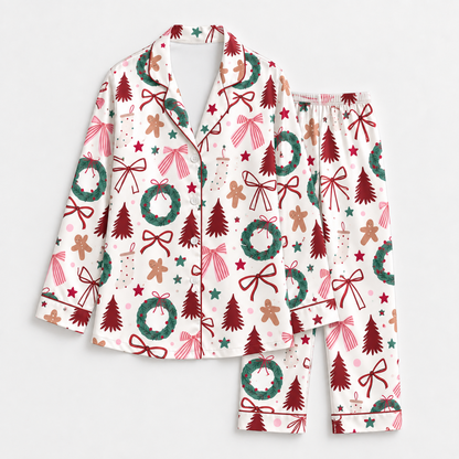 PJ-1918-Christmas Bow Satin Pajama Set with Wreaths Gingerbread Trees Stars and Festive Holiday Pattern for Cozy Sleepwear