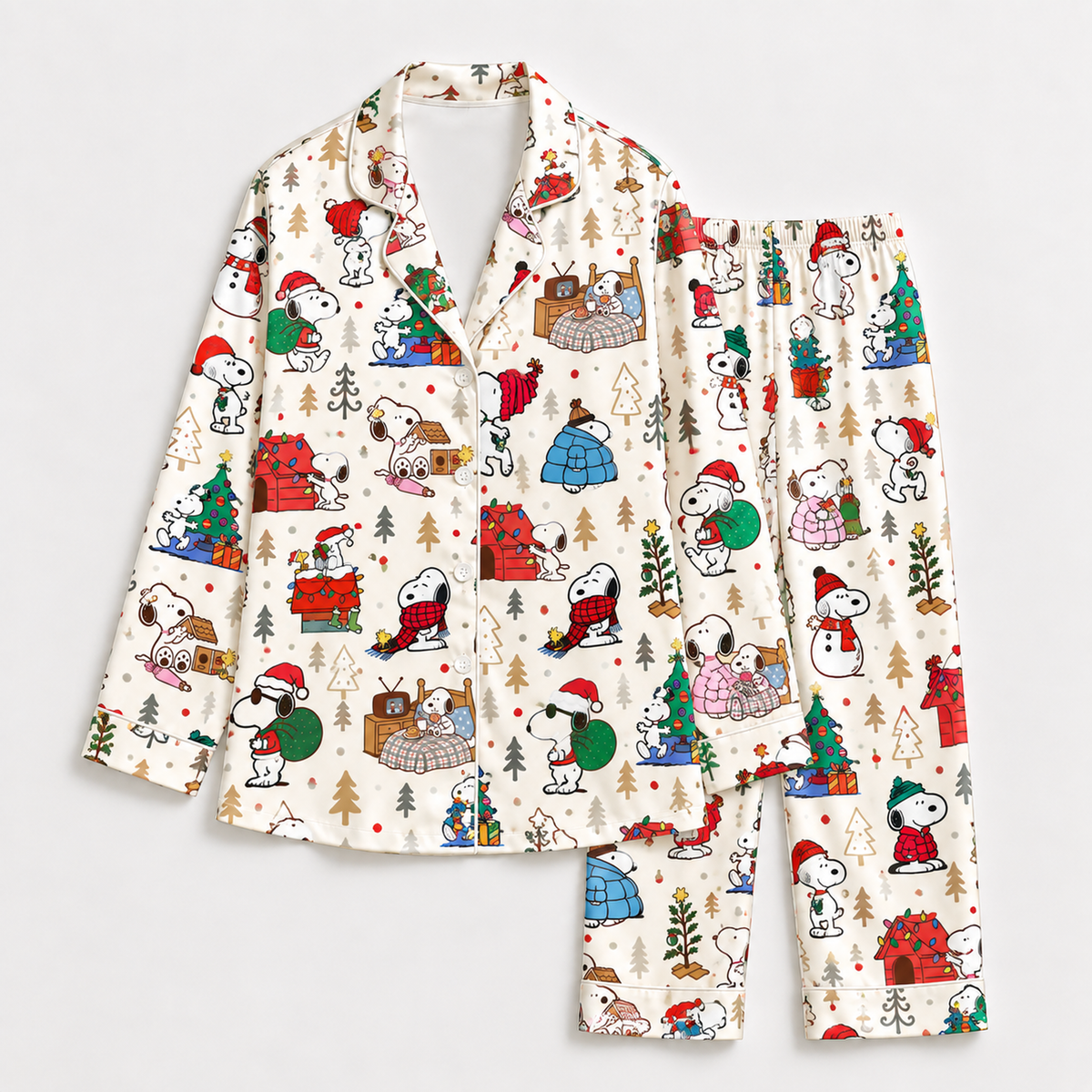 PJ-1919-Snoopy Christmas Adventures Satin Pajama Set, Peanuts Holiday Cartoon Festive Sleepwear
