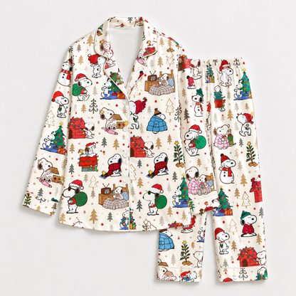 PJ-1919-Snoopy Christmas Adventures Satin Pajama Set, Peanuts Holiday Cartoon Festive Sleepwear