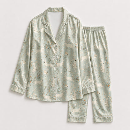 PJ-192-Soft Rabbit Satin Sleepwear Set With Leafy Floral Print And Comfortable Matching Pajama Bottoms FREE SHIPING