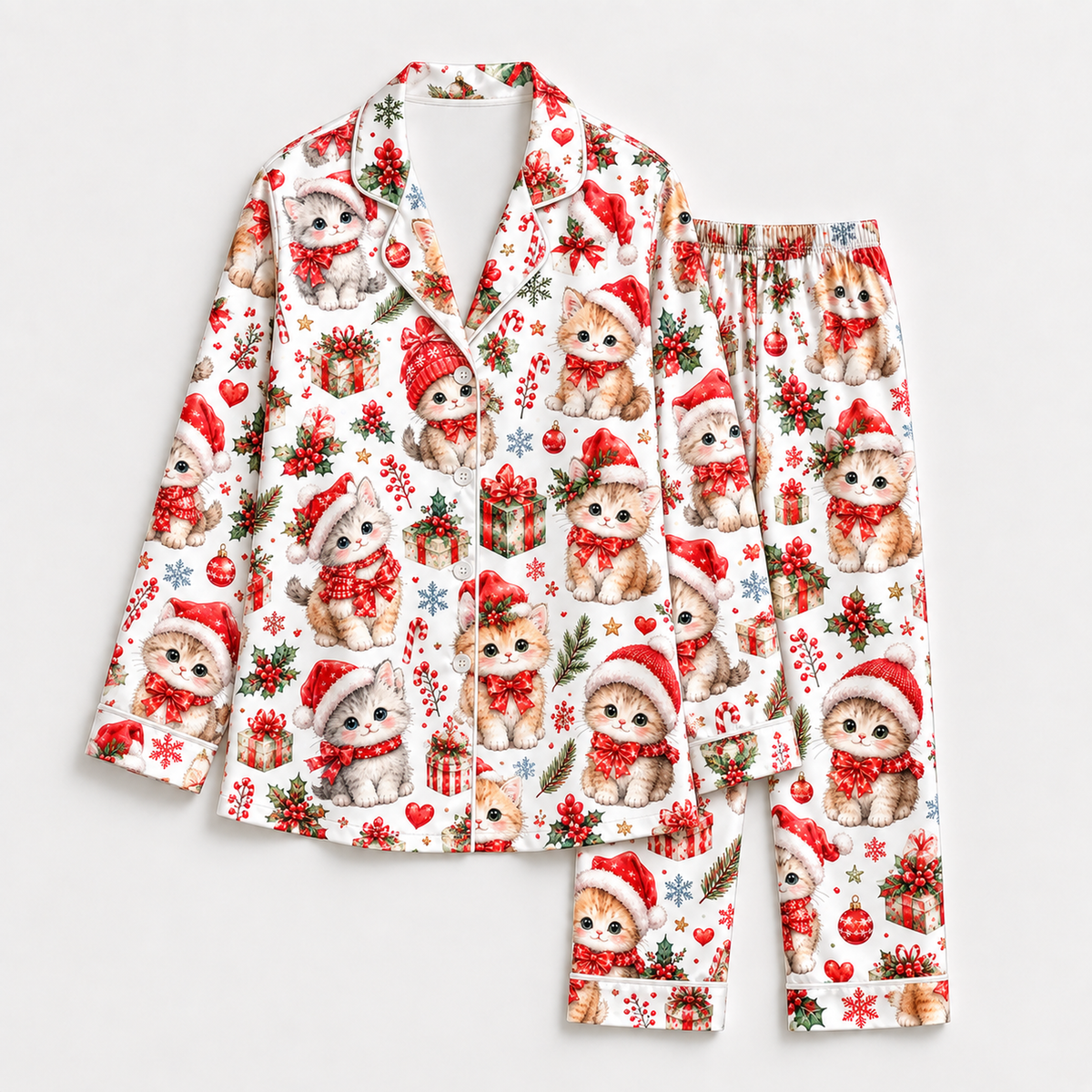 PJ-1921-Christmas Kitten Satin Pajama Set, Santa Hat Snowflake Gift Festive Holiday Sleepwear