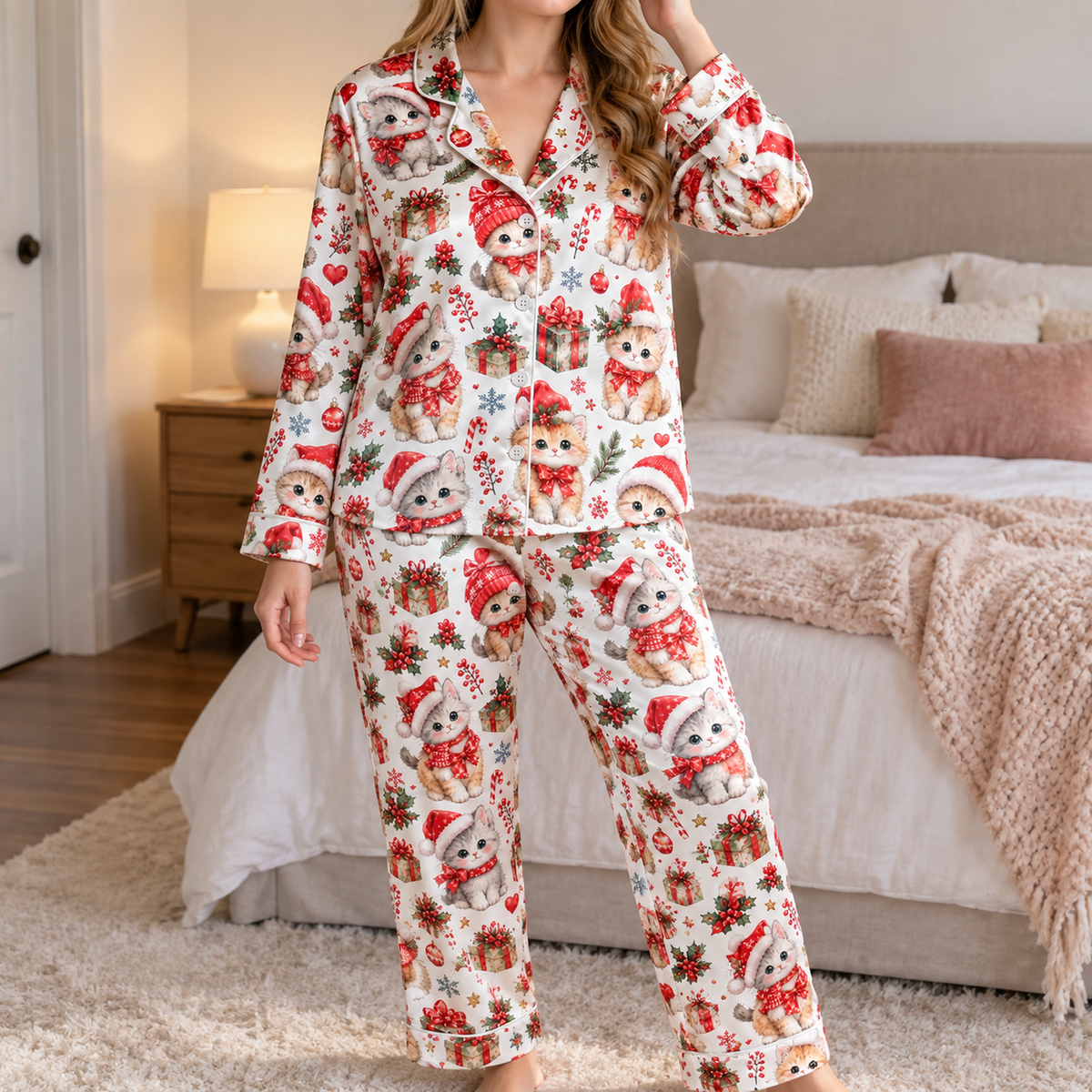 PJ-1921-Christmas Kitten Satin Pajama Set, Santa Hat Snowflake Gift Festive Holiday Sleepwear