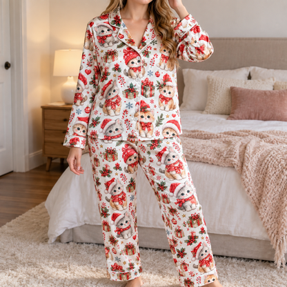 PJ-1921-Christmas Kitten Satin Pajama Set, Santa Hat Snowflake Gift Festive Holiday Sleepwear