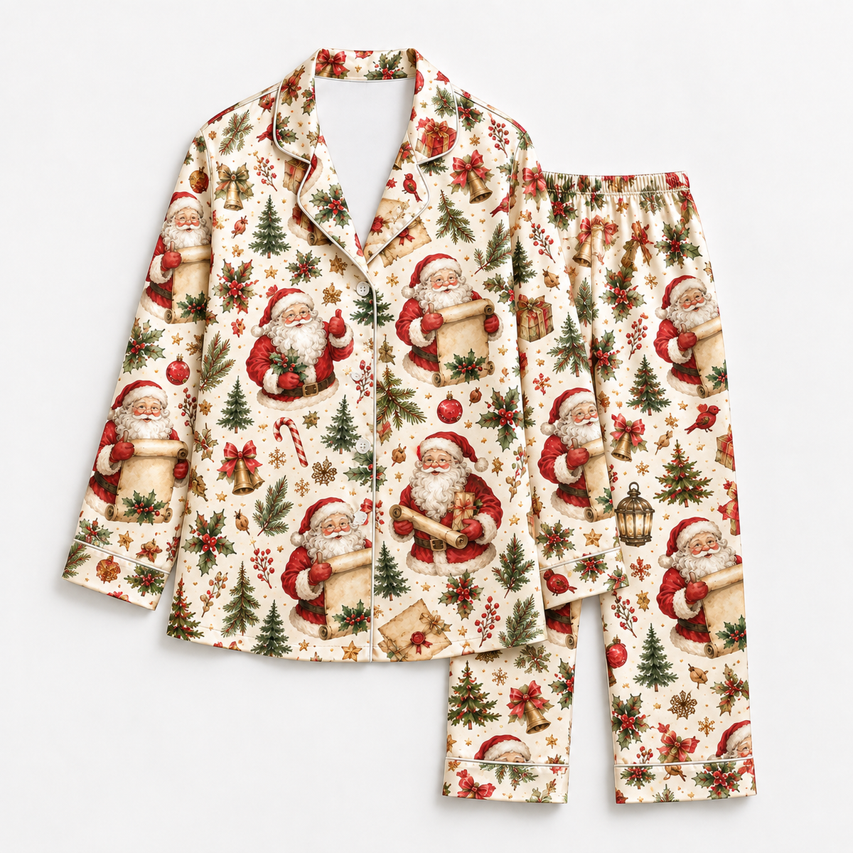 PJ-1922-Vintage Santa Christmas Satin Pajama Set, Christmas Tree Holly Bow Festive Holiday Sleepwear