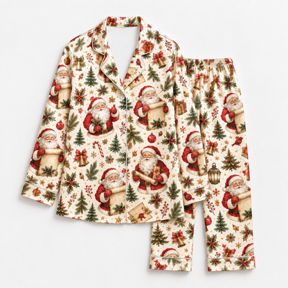 PJ-1922-Vintage Santa Christmas Satin Pajama Set, Christmas Tree Holly Bow Festive Holiday Sleepwear