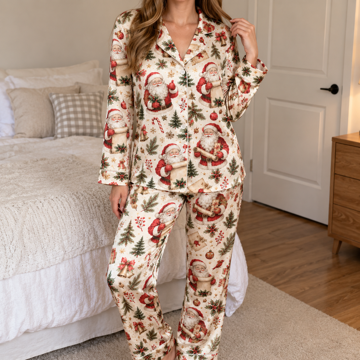 PJ-1922-Vintage Santa Christmas Satin Pajama Set, Christmas Tree Holly Bow Festive Holiday Sleepwear