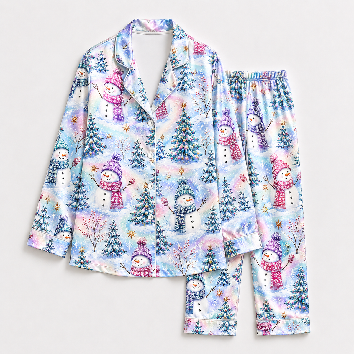 PJ-1923-Pastel Snowman Christmas Satin Pajama Set, Winter Tree Snowflake Festive Holiday Sleepwear