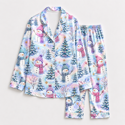 PJ-1923-Pastel Snowman Christmas Satin Pajama Set, Winter Tree Snowflake Festive Holiday Sleepwear