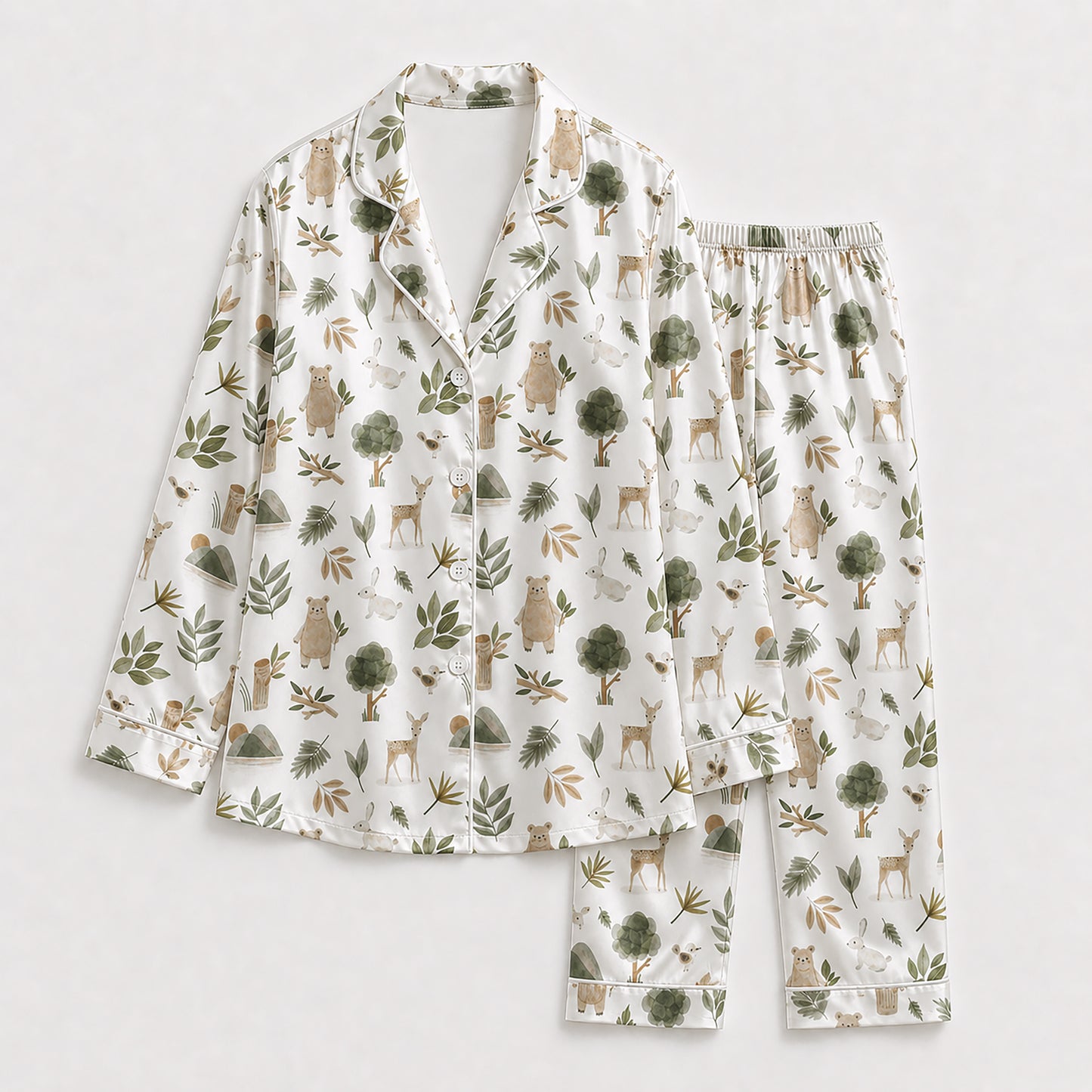 PJ-193-Forest Animal Satin Sleepwear Set With Bear Deer Leaves And Comfortable Matching Pajama Bottoms FREE SHIPING