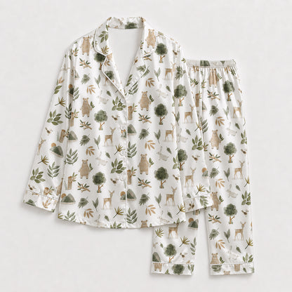PJ-193-Forest Animal Satin Sleepwear Set With Bear Deer Leaves And Comfortable Matching Pajama Bottoms FREE SHIPING