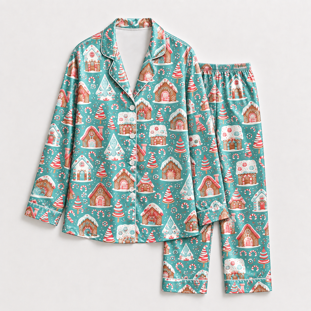 PJ-1930-Gingerbread Village Christmas Satin Pajama Set, Candy Cane Snowflake Tree Festive Holiday Sleepwear