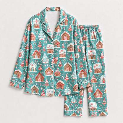 PJ-1930-Gingerbread Village Christmas Satin Pajama Set, Candy Cane Snowflake Tree Festive Holiday Sleepwear