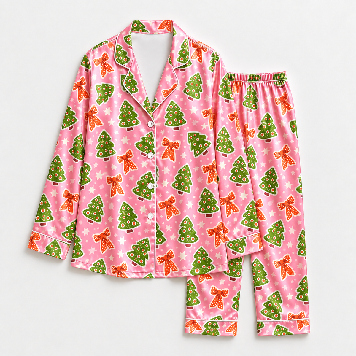 PJ-1932-Pink Christmas Tree Satin Pajama Set, Gingerbread Bow Festive Holiday Cozy Sleepwear