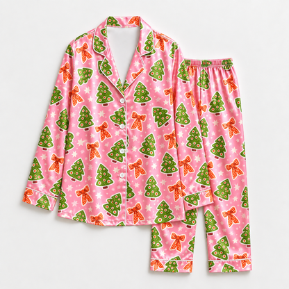PJ-1932-Pink Christmas Tree Satin Pajama Set, Gingerbread Bow Festive Holiday Cozy Sleepwear
