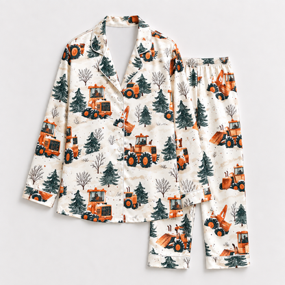 PJ-1935-Winter Tractor Satin Pajama Set, Snowy Pine Forest Farm Vehicle Cozy Country Sleepwear