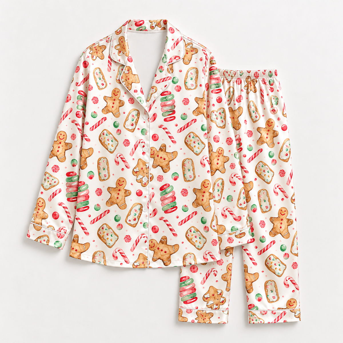 PJ-1936-Gingerbread Cookie Christmas Satin Pajama Set, Candy Cane Macaron Festive Holiday Sleepwear