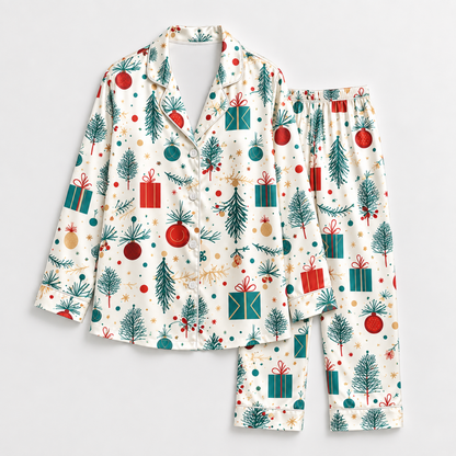 PJ-1937-Christmas Tree Satin Pajama Set, Gift Ornament Pine Branch Festive Holiday Sleepwear