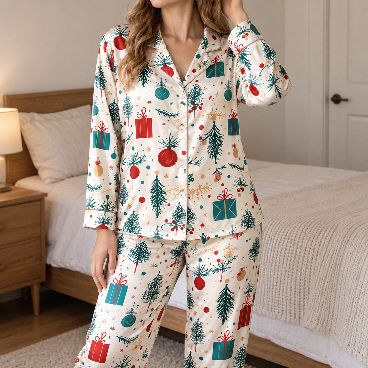 PJ-1937-Christmas Tree Satin Pajama Set, Gift Ornament Pine Branch Festive Holiday Sleepwear