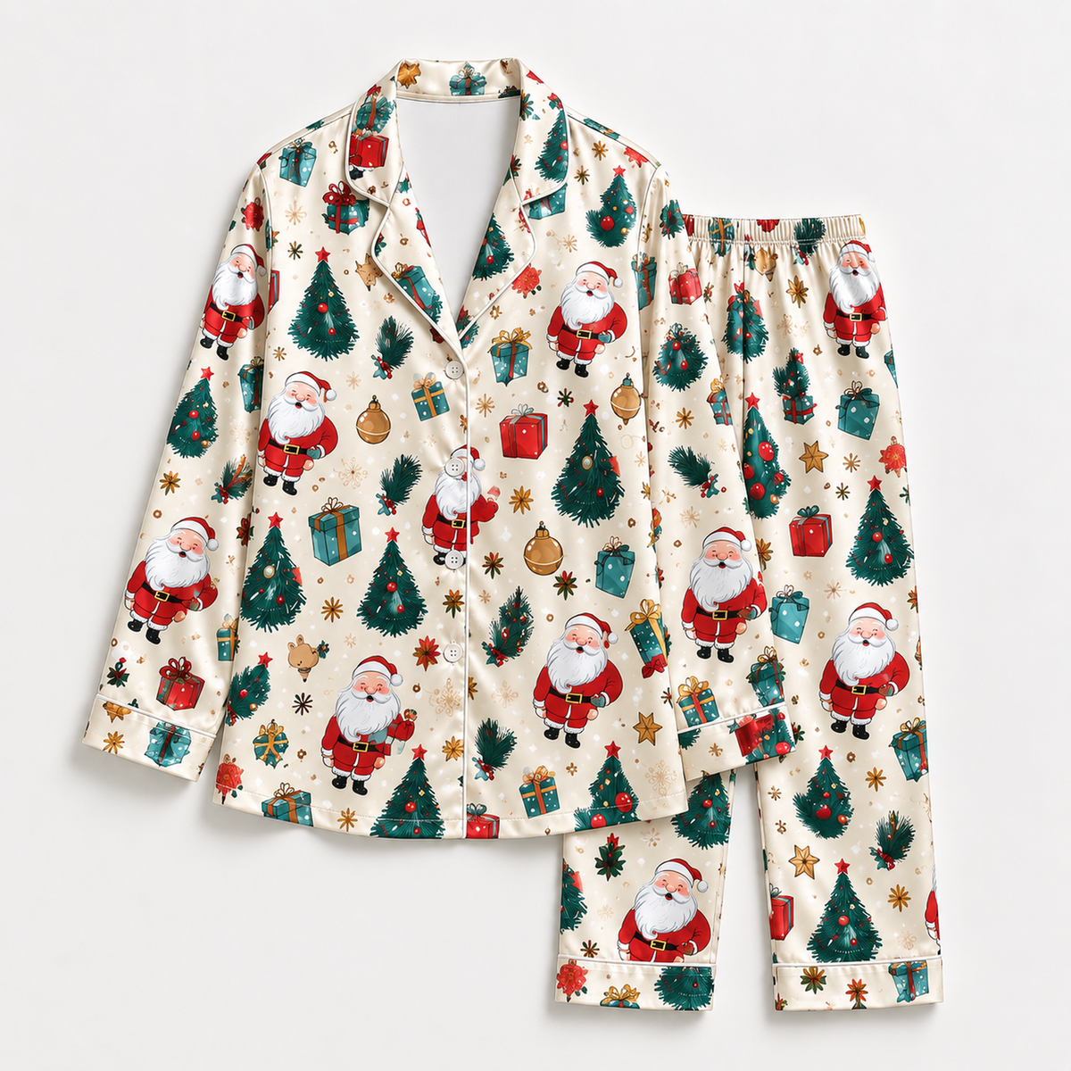 PJ-1938-Vintage Santa Christmas Satin Pajama Set, Christmas Tree Gift Ornament Festive Holiday Sleepwear