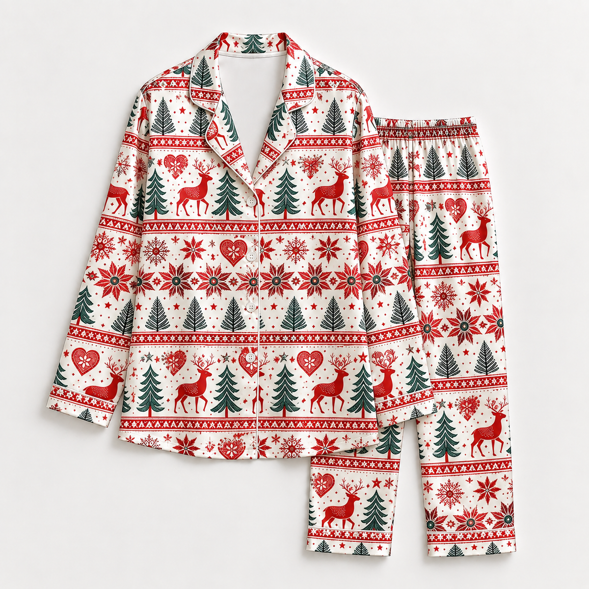 PJ-1939-Nordic Reindeer Christmas Satin Pajama Set, Snowflake Pine Tree Fair Isle Holiday Sleepwear