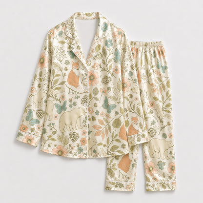 PJ-194-Woodland Fox Satin Pajama Set With Floral Leaf Print And Matching Sleepwear Bottoms FREE SHIPING