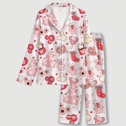 PJ-1941-Disney Mickey Mouse Christmas Satin Pajama Set, Gingerbread Cookies and Sweet Holiday Sleepwear